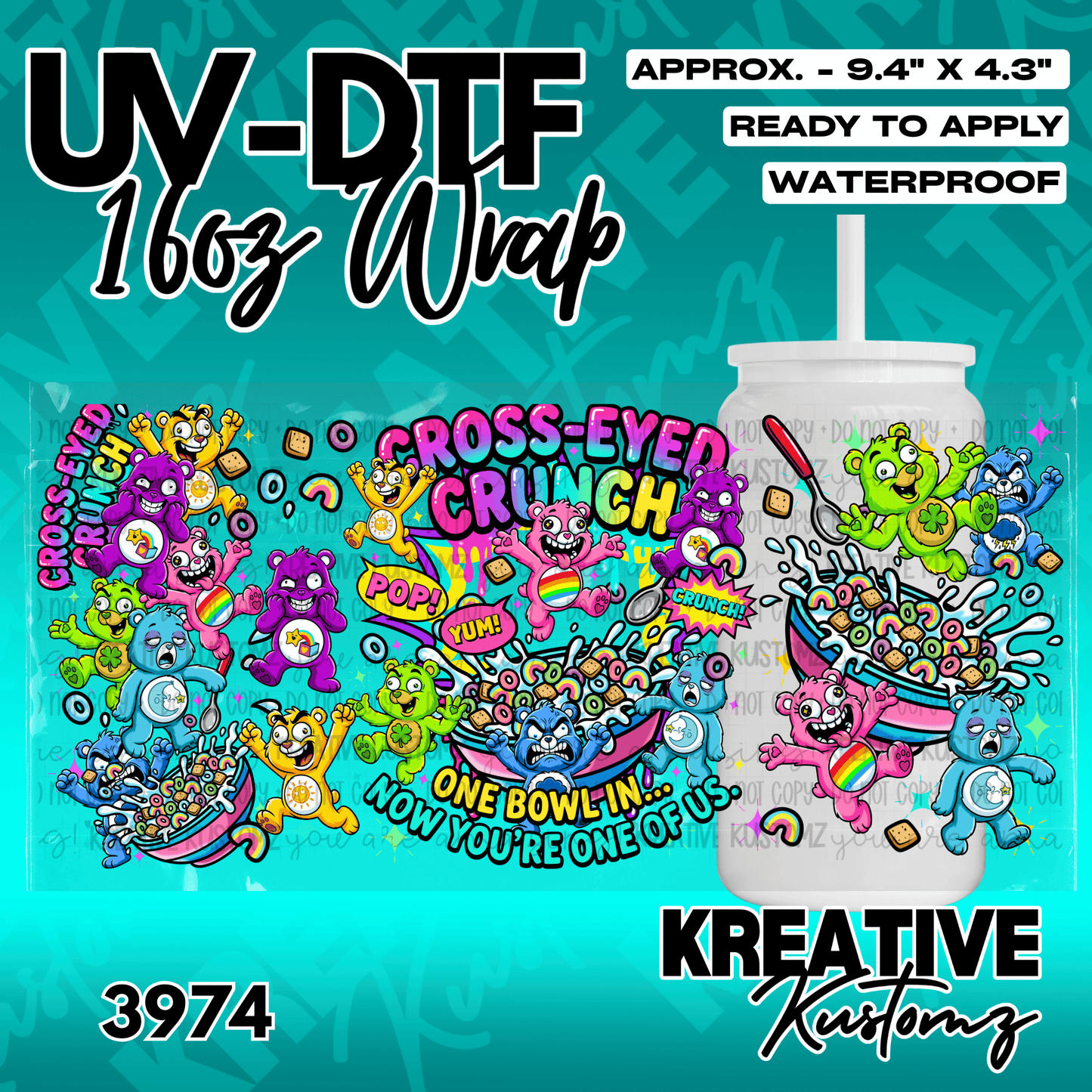 A colorful UV DTF adhesive wrap for a 16oz glass cup featuring cartoon bears and cereal motifs.