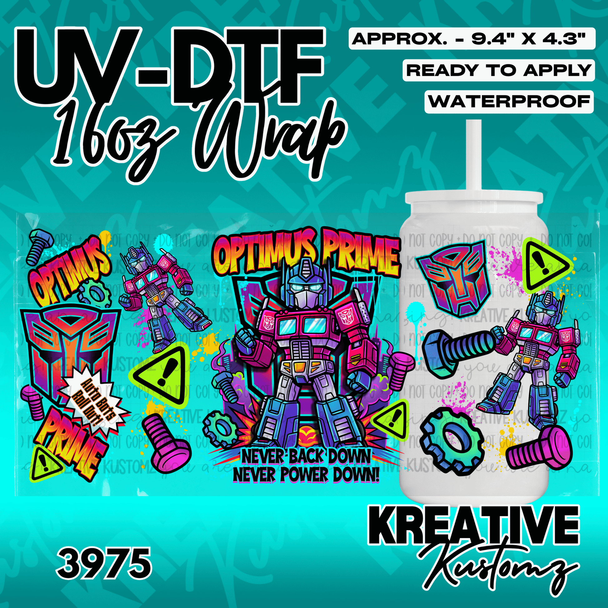 A vibrant Optimus Prime themed UV DTF adhesive wrap for a 16oz glass can.