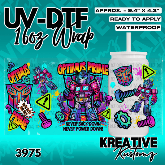 A vibrant Optimus Prime themed UV DTF adhesive wrap for a 16oz glass can.