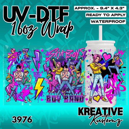 A UV DTF adhesive wrap for a 16oz glass can featuring a colorful anime boy band design.