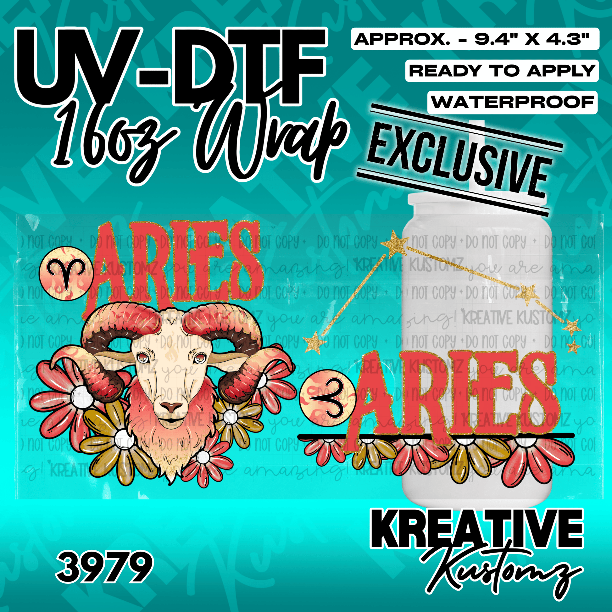 A zodiac Aries themed UV DTF wrap for a 16oz glass cup featuring a ram and floral illustrations.