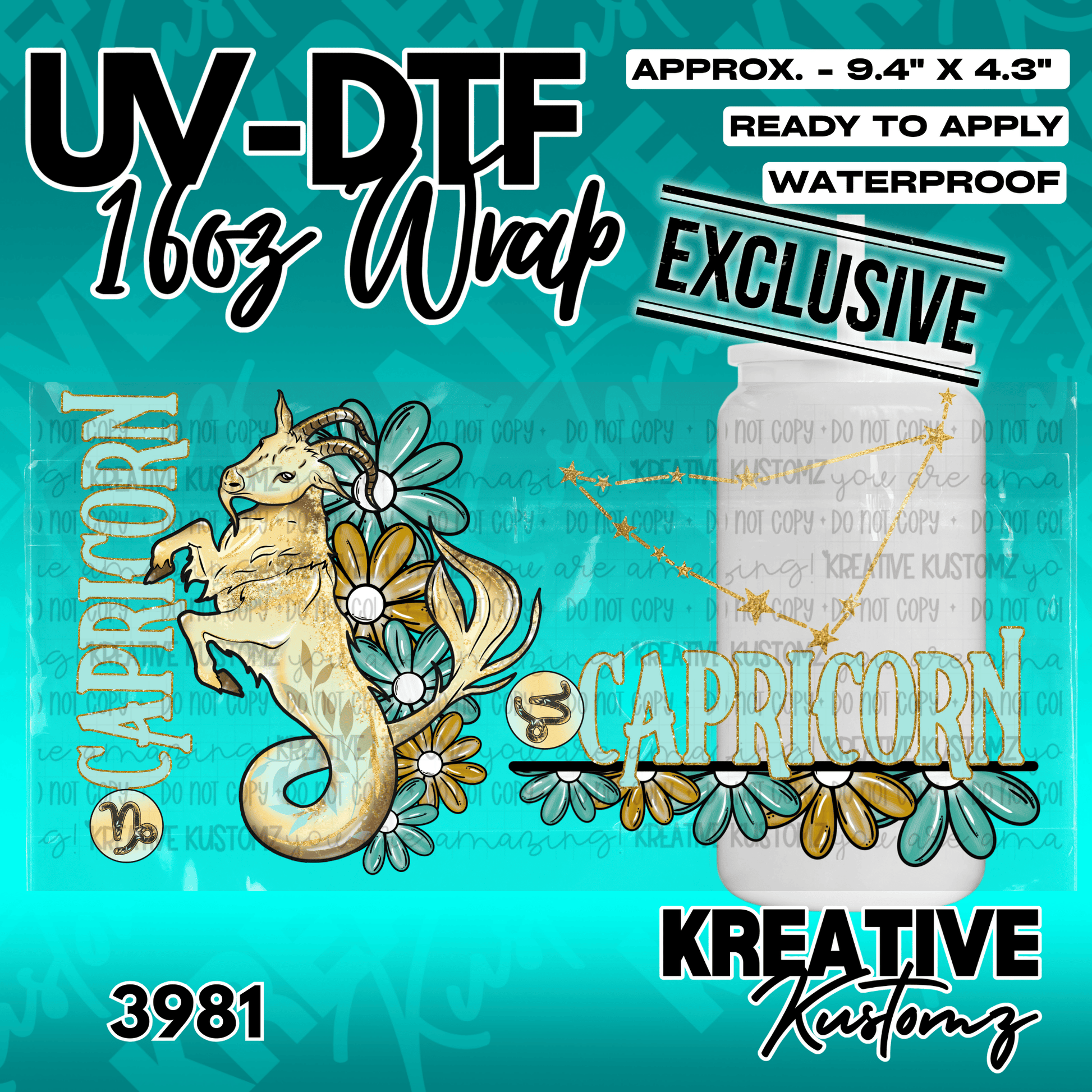 A Capricorn zodiac themed UV DTF wrap for a 16oz glass cup featuring a sea goat and flowers.