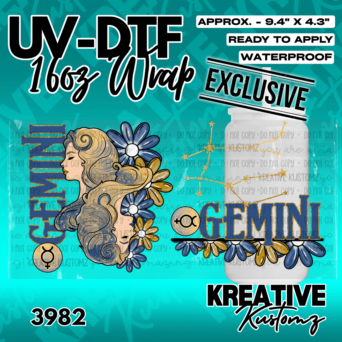 A Gemini zodiac themed UV DTF adhesive wrap for a 16 ounce glass cup.