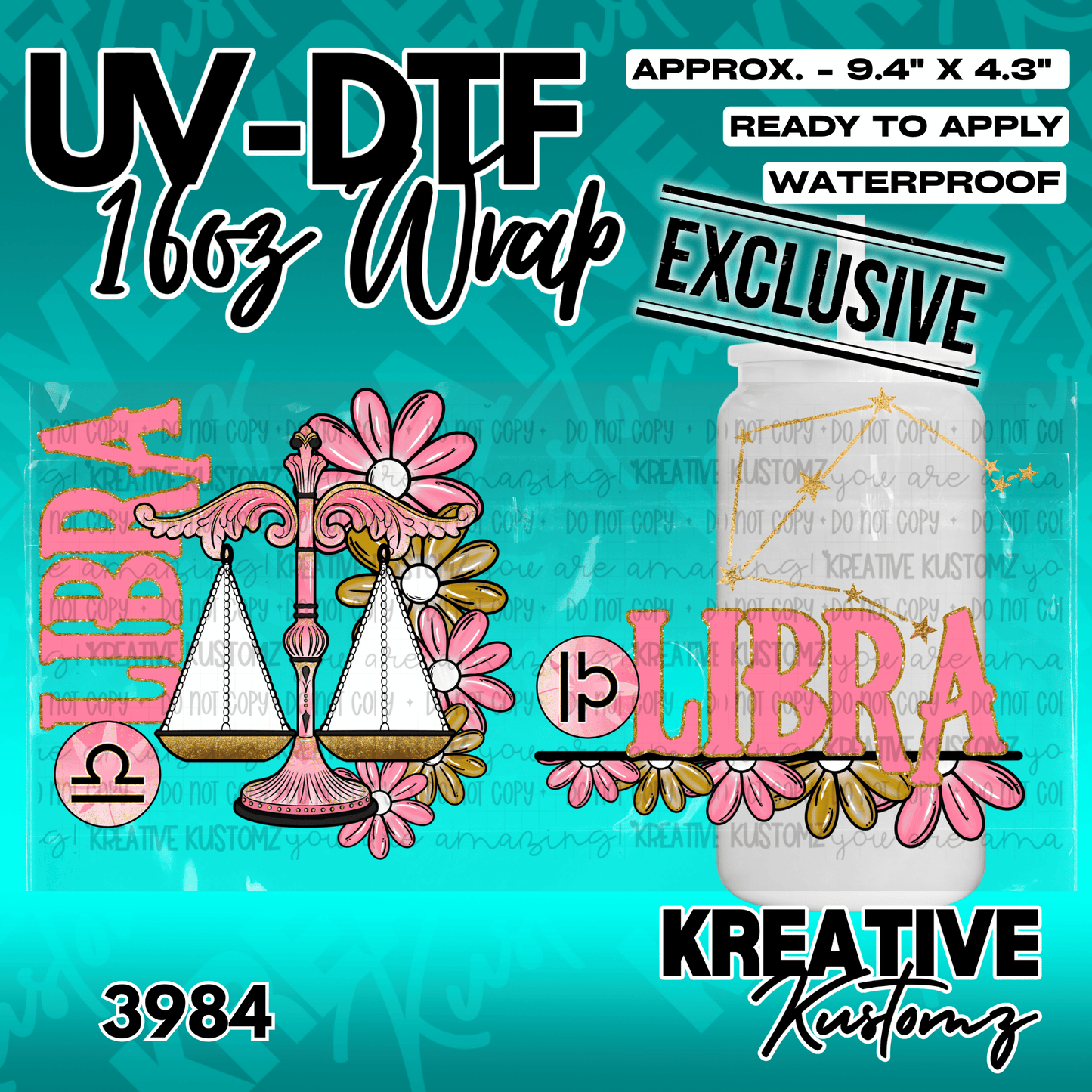 A Libra zodiac themed UV DTF adhesive wrap for 16 ounce glass cans featuring scales and flowers.