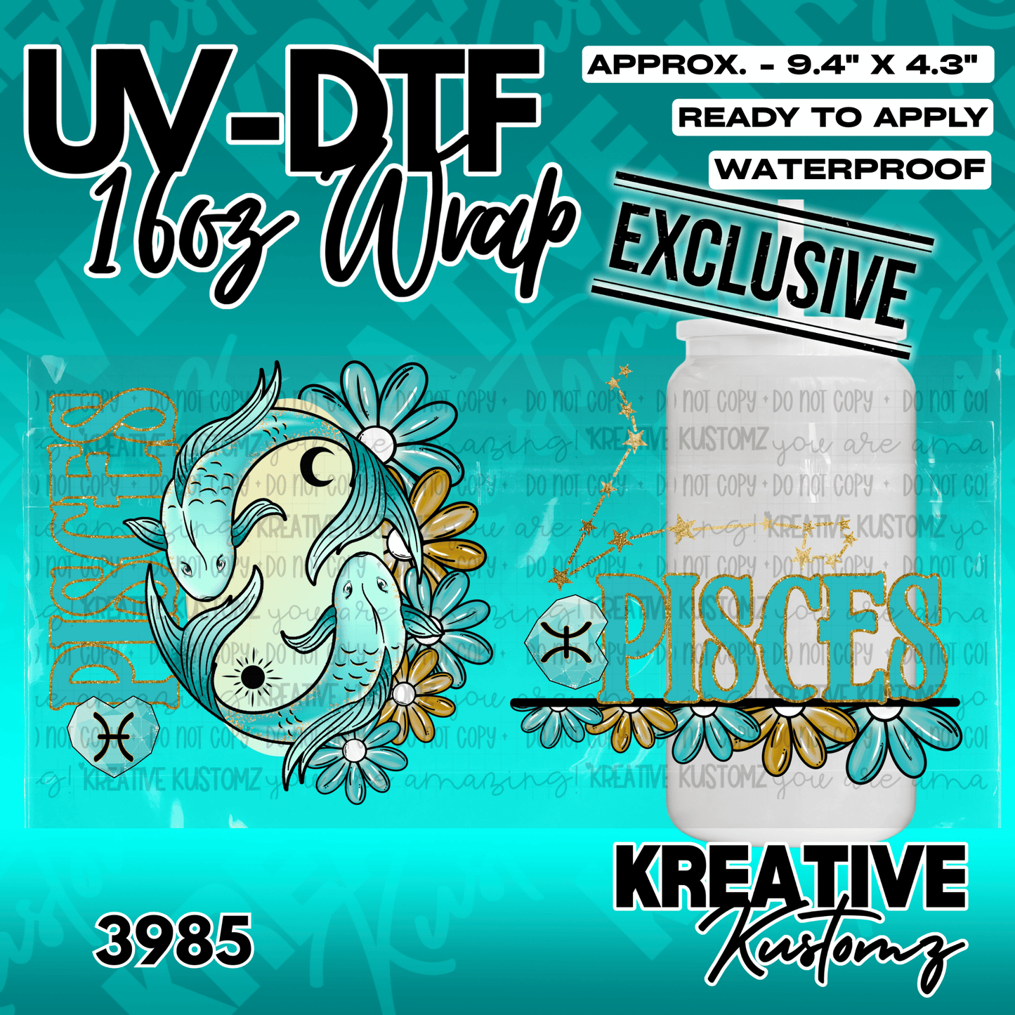 A Pisces zodiac themed UV DTF wrap for a 16oz glass cup featuring koi fish and floral designs.