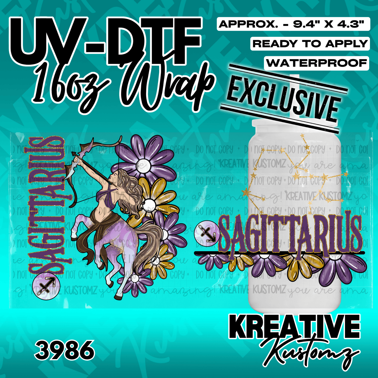 A Sagittarius themed UV DTF wrap for a 16oz glass cup featuring a centaur and floral designs.