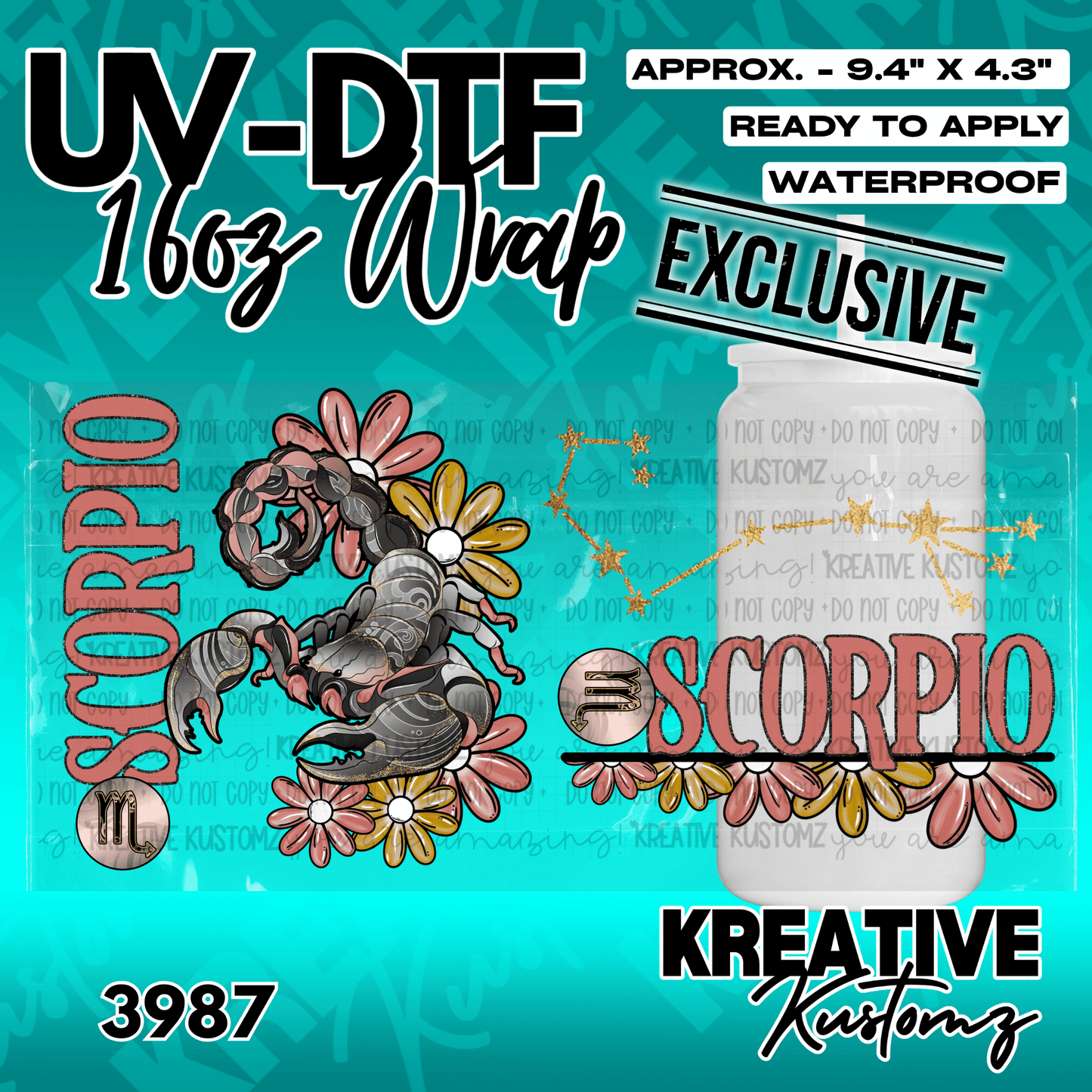 A Scorpio themed UV DTF adhesive wrap featuring a scorpion, flowers, and celestial constellations.