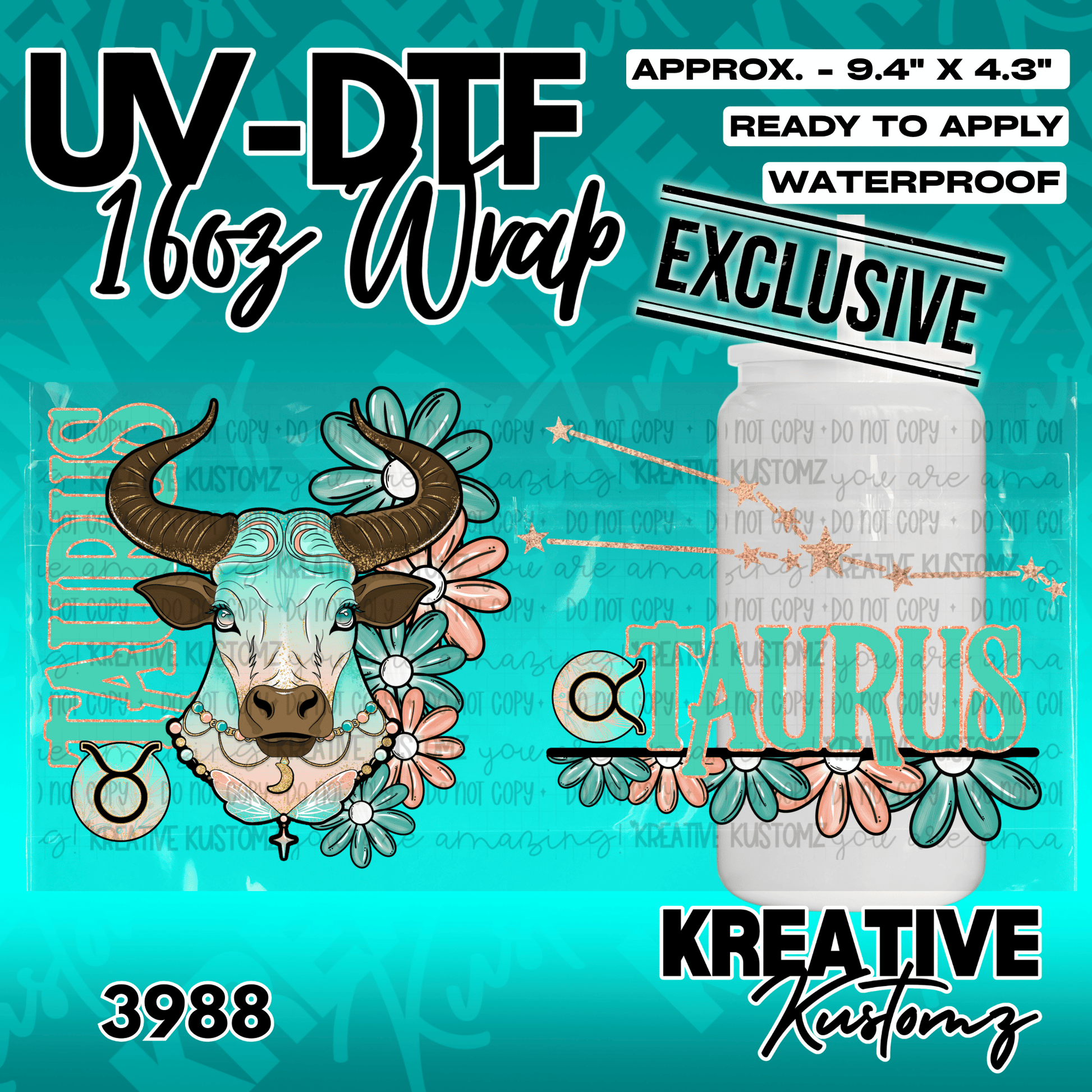 A Taurus zodiac themed UV DTF wrap for a 16oz glass cup featuring a bull and floral design.