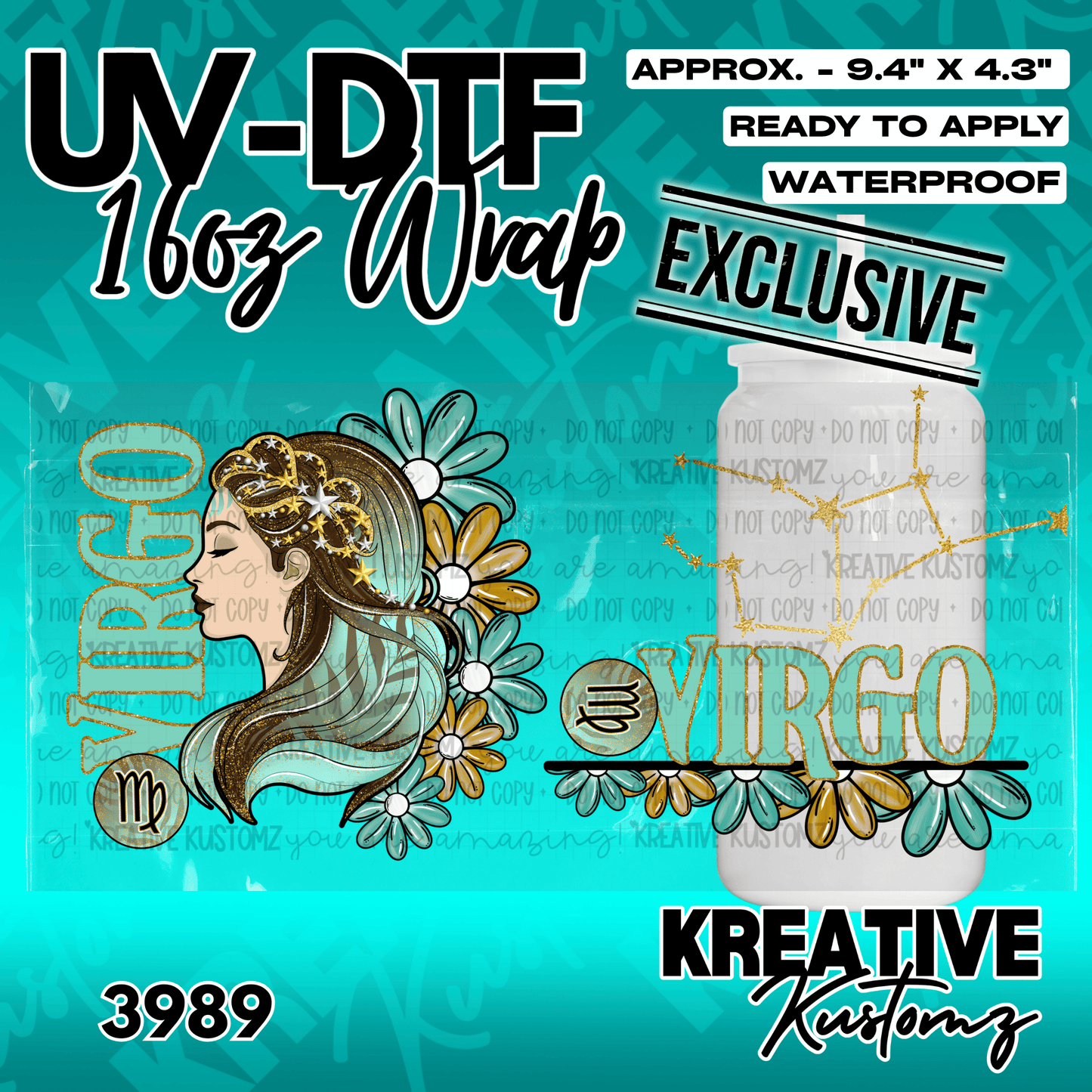 A Virgo zodiac themed UV DTF wrap featuring a woman, flowers, and constellations for a glass cup.