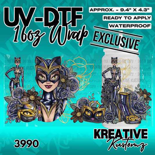 A UV DTF cup wrap featuring a cat-themed fashion illustration with purple roses and gold accents.