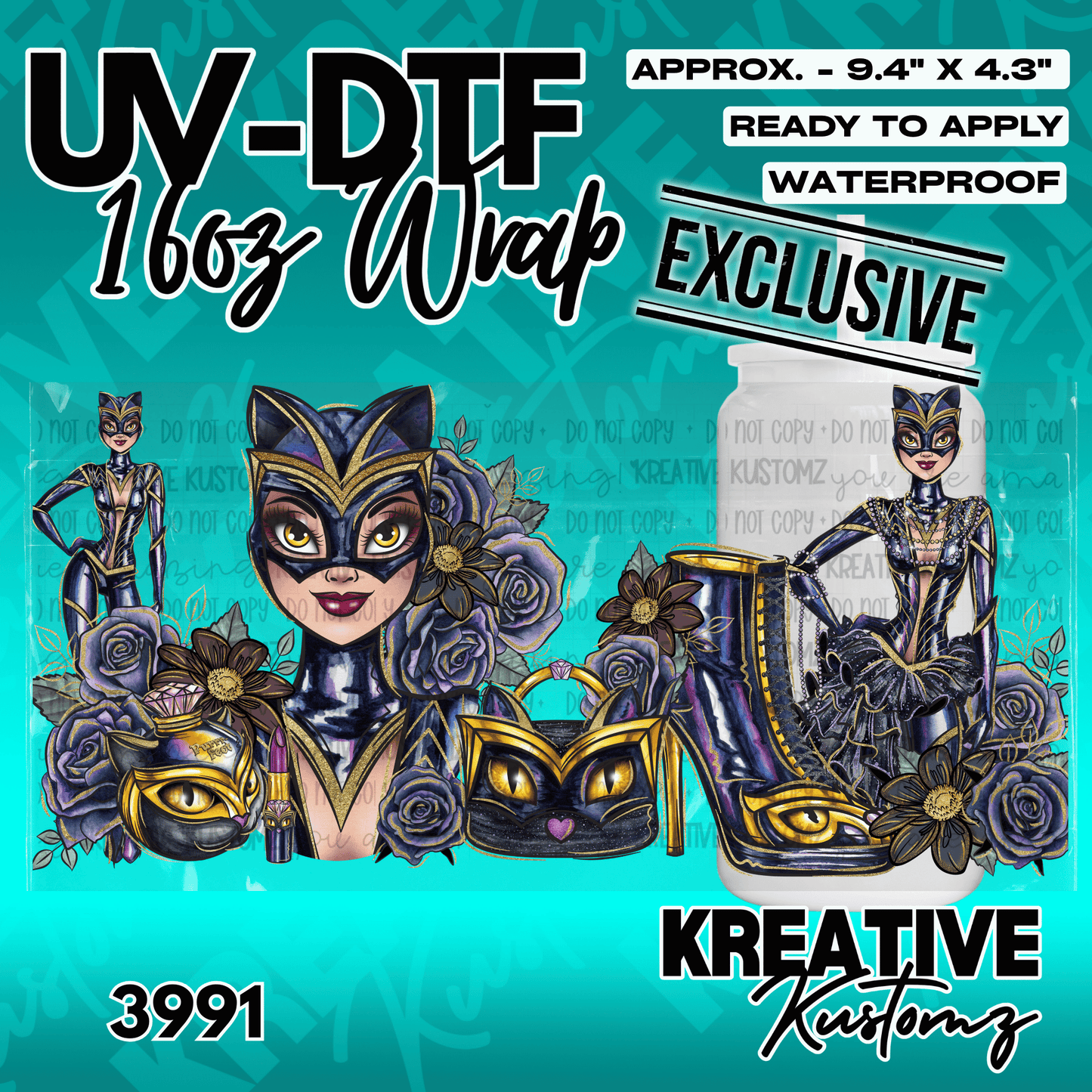 A UV DTF adhesive wrap for a 16oz glass cup featuring a cat-themed fashion illustration.
