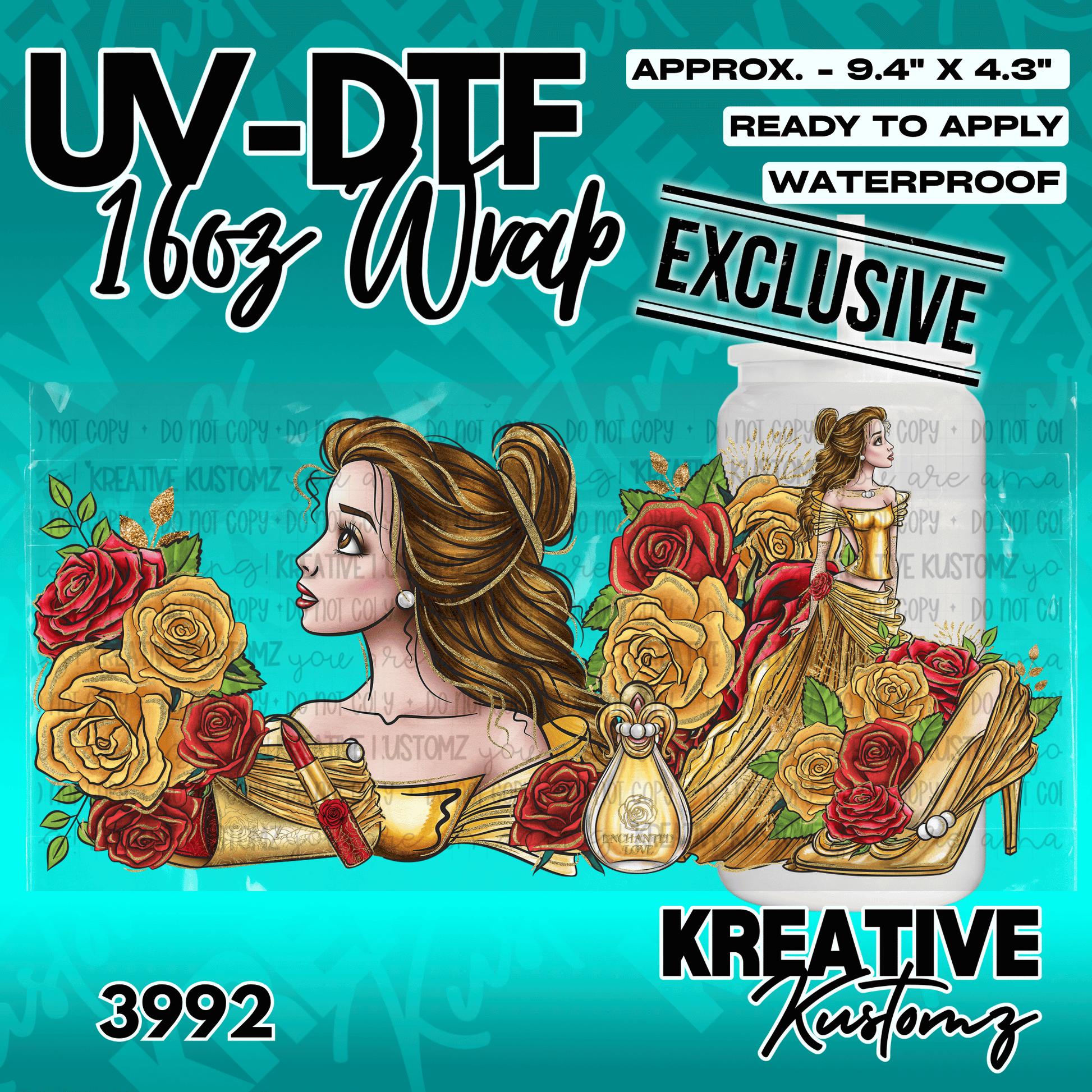 A UV DTF adhesive wrap for a 16oz glass cup featuring a Belle-inspired princess and rose design.
