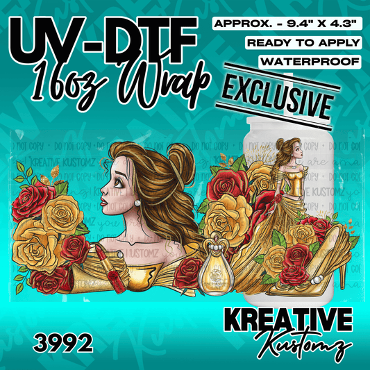 A UV DTF adhesive wrap for a 16oz glass cup featuring a Belle-inspired princess and rose design.