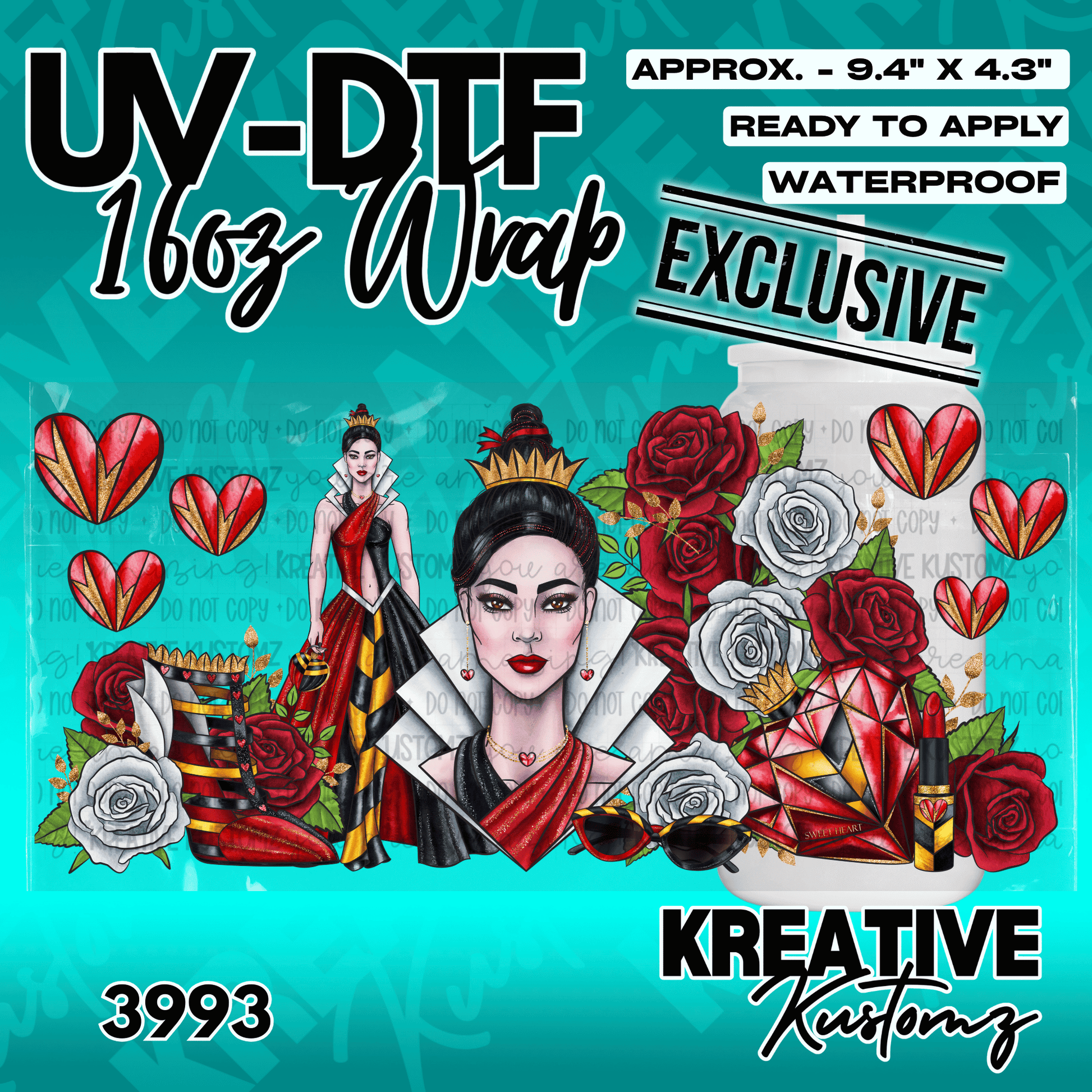 A UV DTF adhesive wrap for a 16oz glass cup featuring a Queen of Hearts theme with roses.