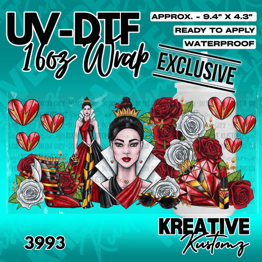 A UV DTF adhesive wrap for a 16oz glass cup featuring a Queen of Hearts theme with roses.