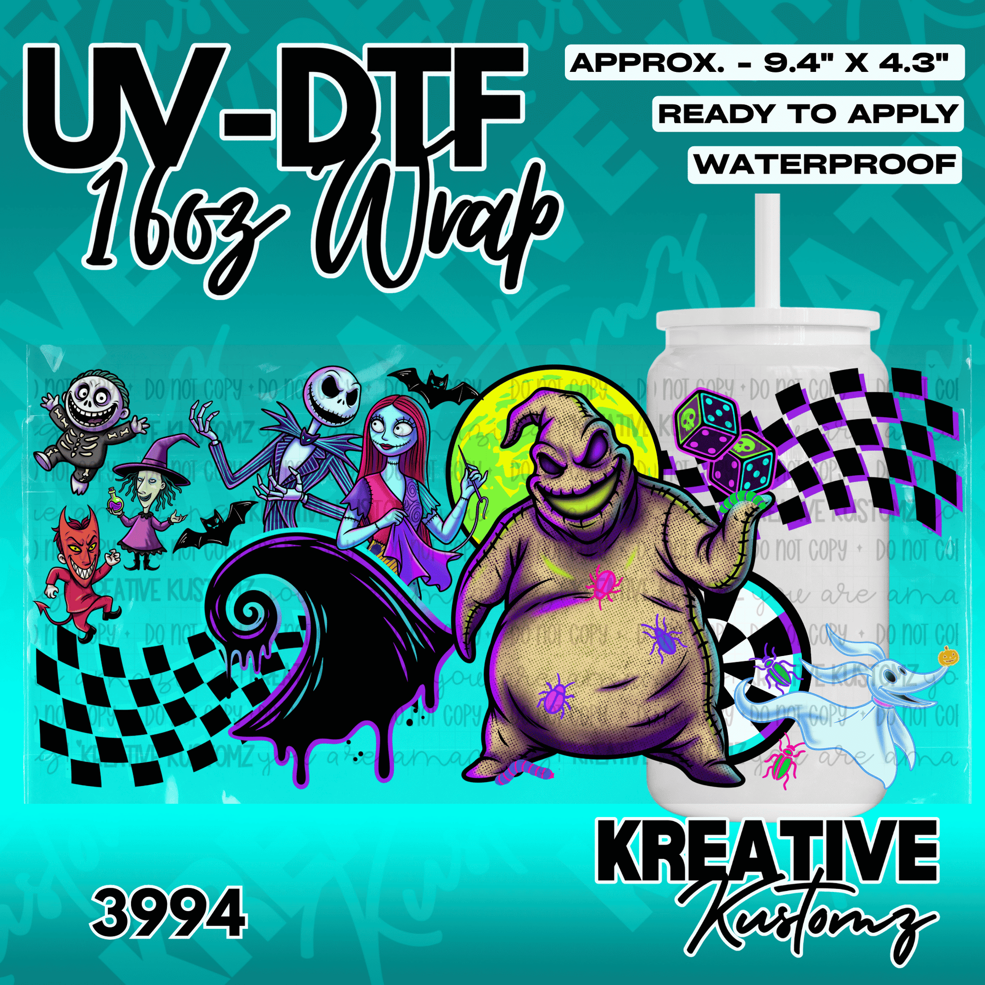 A Nightmare Before Christmas themed UV DTF adhesive wrap for a 16oz glass can.