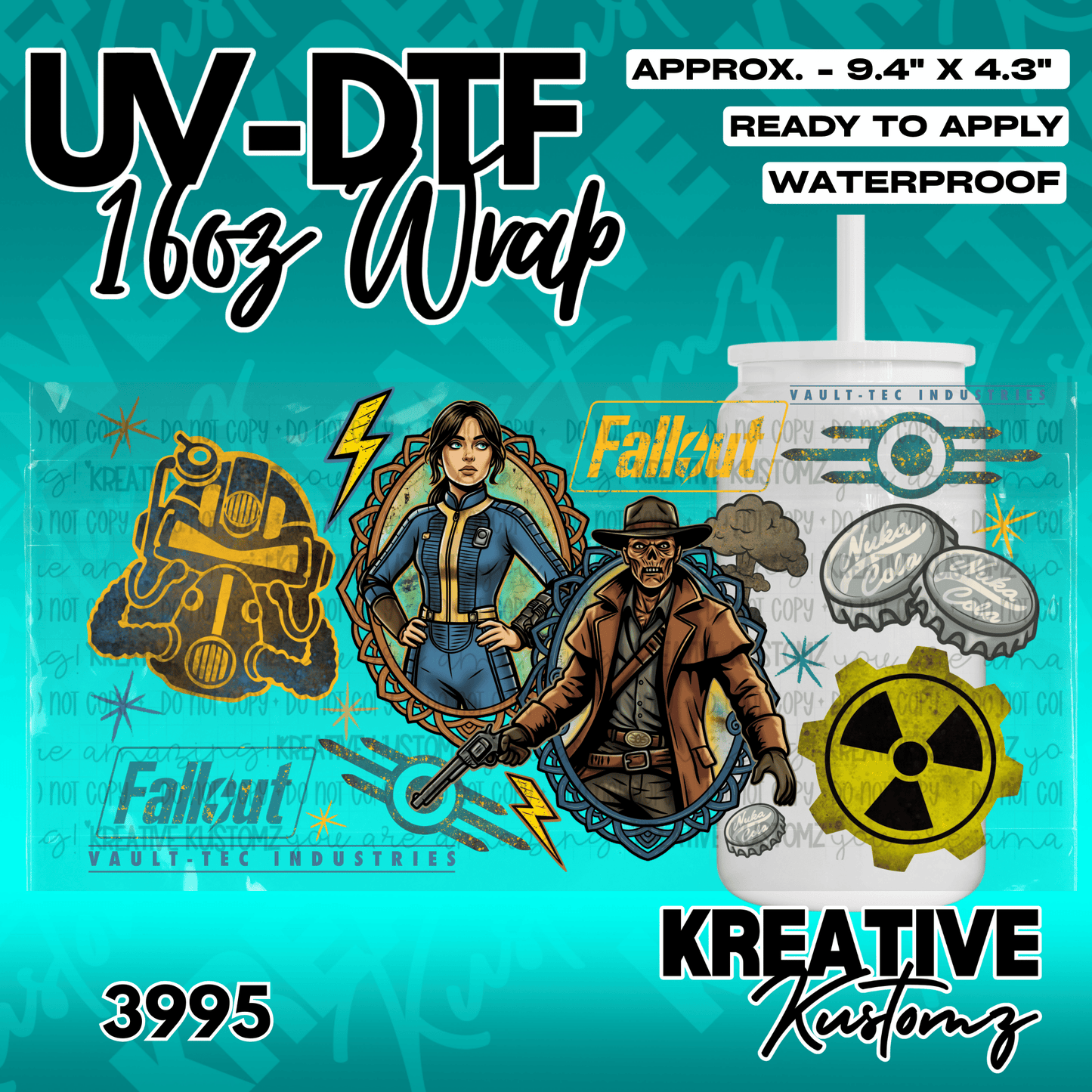 A Fallout themed UV DTF adhesive wrap for a 16oz glass cup featuring character and icon designs.