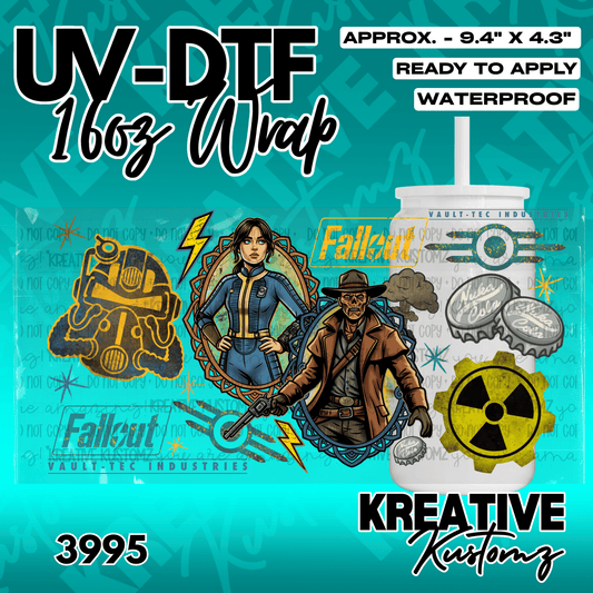 A Fallout themed UV DTF adhesive wrap for a 16oz glass cup featuring character and icon designs.