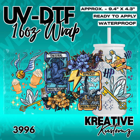 A floral and magical creature themed UV DTF adhesive wrap for a 16oz glass cup.