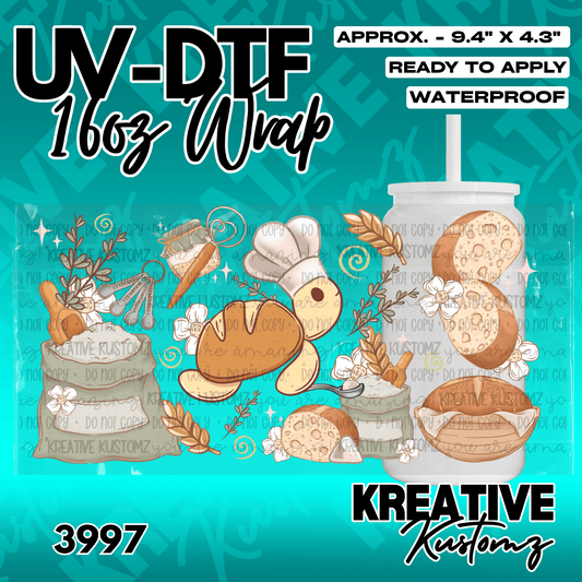 A baking themed UV DTF adhesive wrap for a 16oz glass cup featuring bread and kitchen tools.