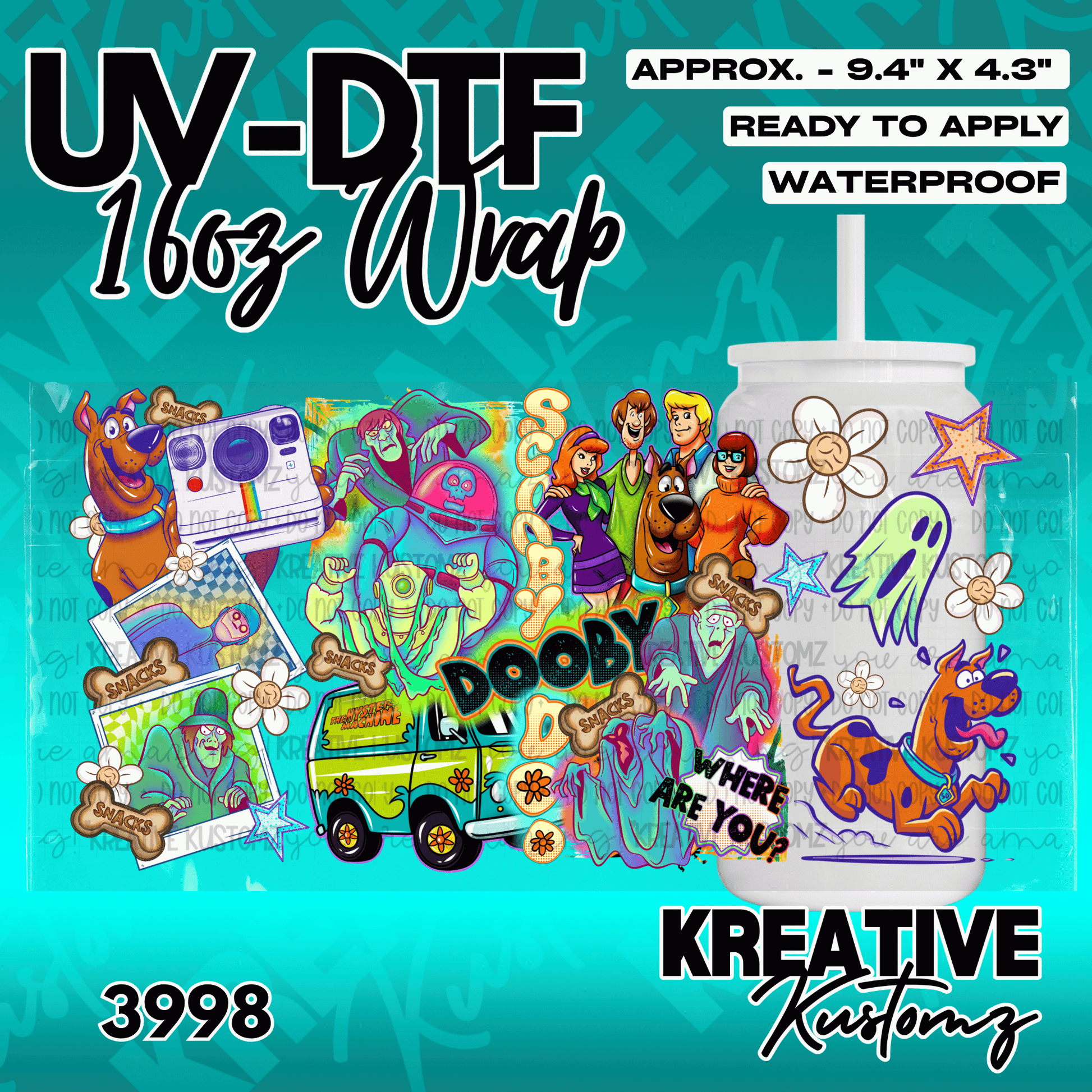 A Scooby-Doo themed UV DTF adhesive wrap for a 16oz glass can.