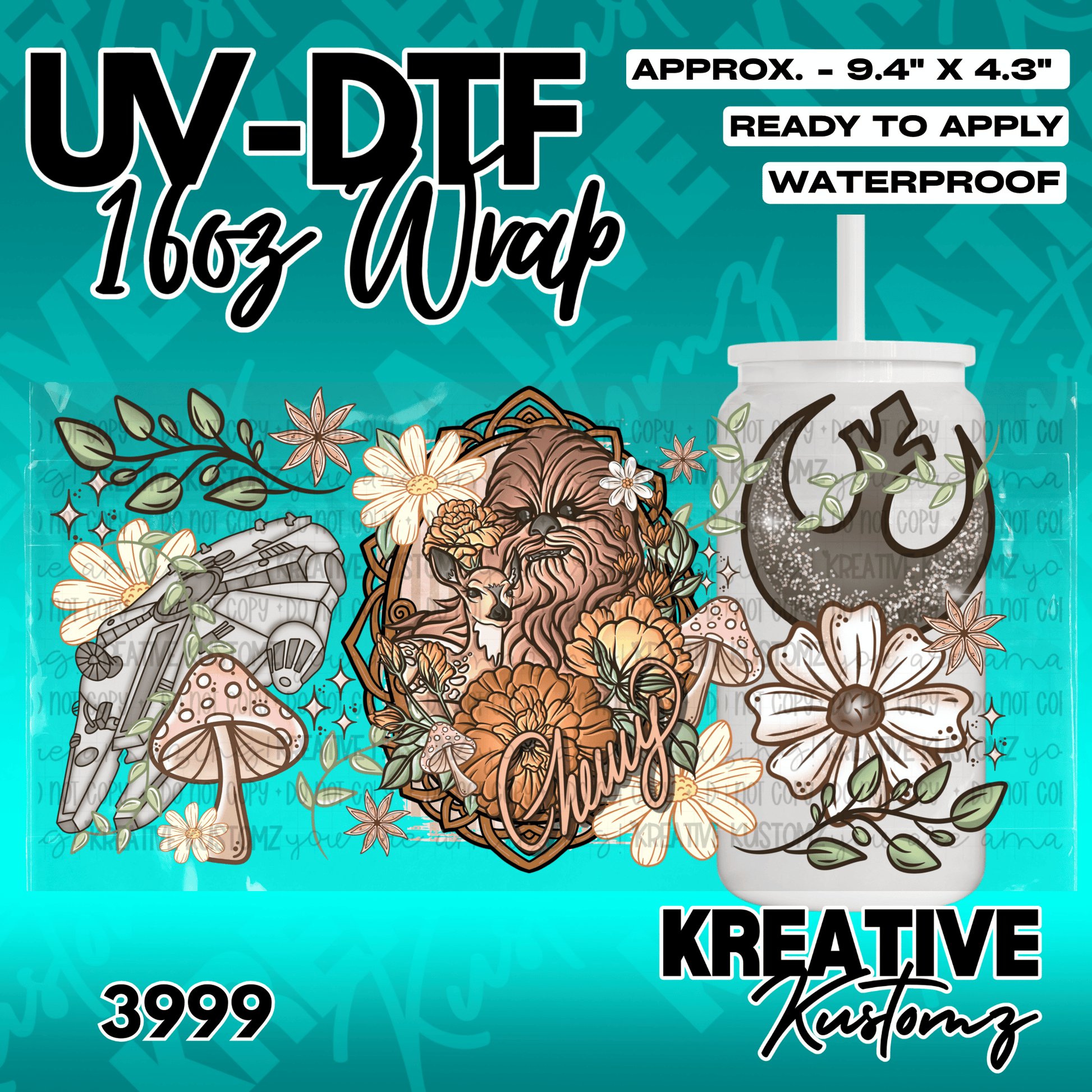 A Star Wars themed UV DTF adhesive wrap featuring Chewbacca, the Millennium Falcon, and flowers.