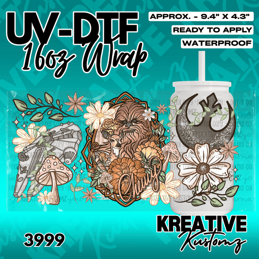 A Star Wars themed UV DTF adhesive wrap featuring Chewbacca, the Millennium Falcon, and flowers.
