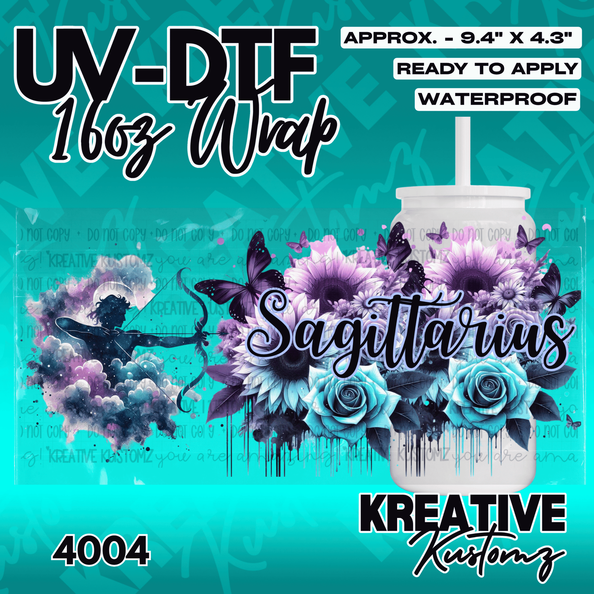 A Sagittarius themed UV DTF wrap for a 16oz glass cup featuring an archer, flowers, and butterflies.