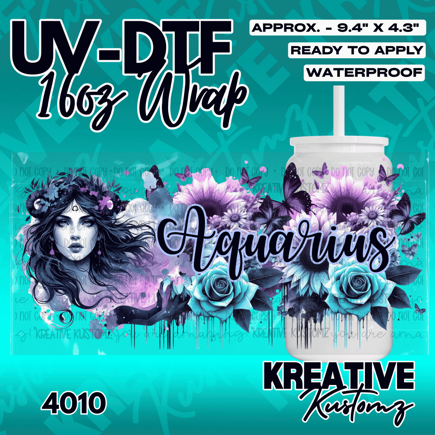 An Aquarius themed UV DTF adhesive wrap for a 16oz glass cup featuring floral and celestial art.