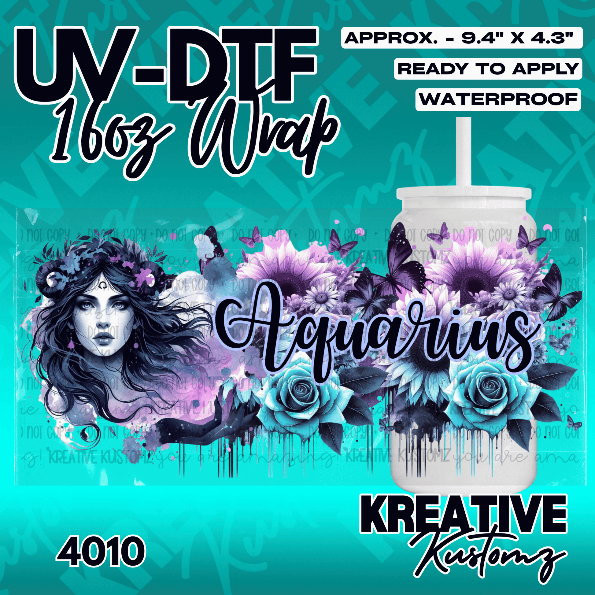 An Aquarius themed UV DTF adhesive wrap for a 16oz glass cup featuring floral and celestial art.