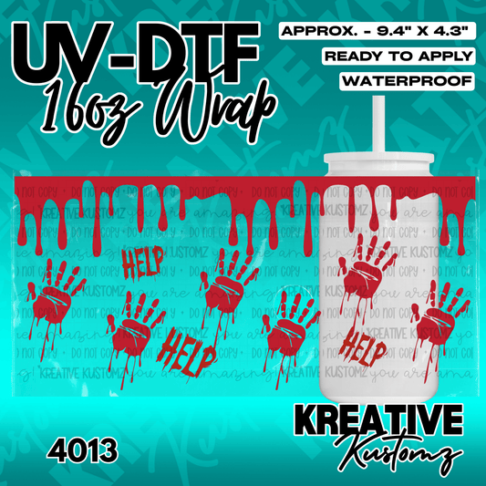 A waterproof UV DTF cup wrap featuring red bloody handprints and the word help in a horror style.