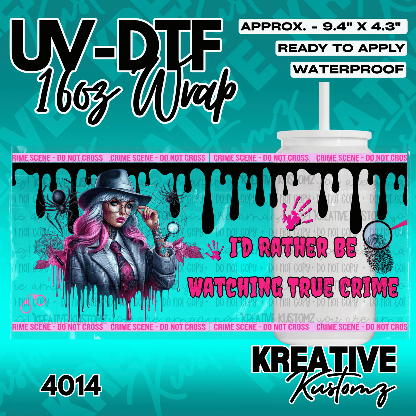 A True Crime themed UV DTF adhesive wrap for 16oz glass cans featuring a detective illustration.