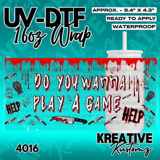 True Crime UV DTF wrap for 16oz glass cups with bloody details.