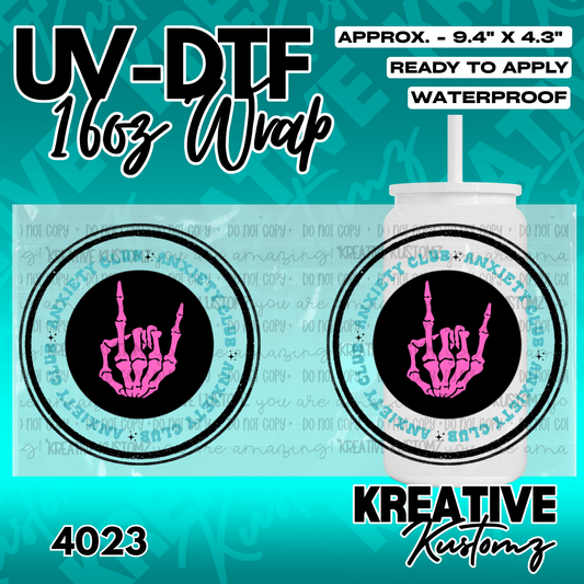 A UV DTF adhesive cup wrap featuring a pink skeleton hand gesture inside a circular logo.