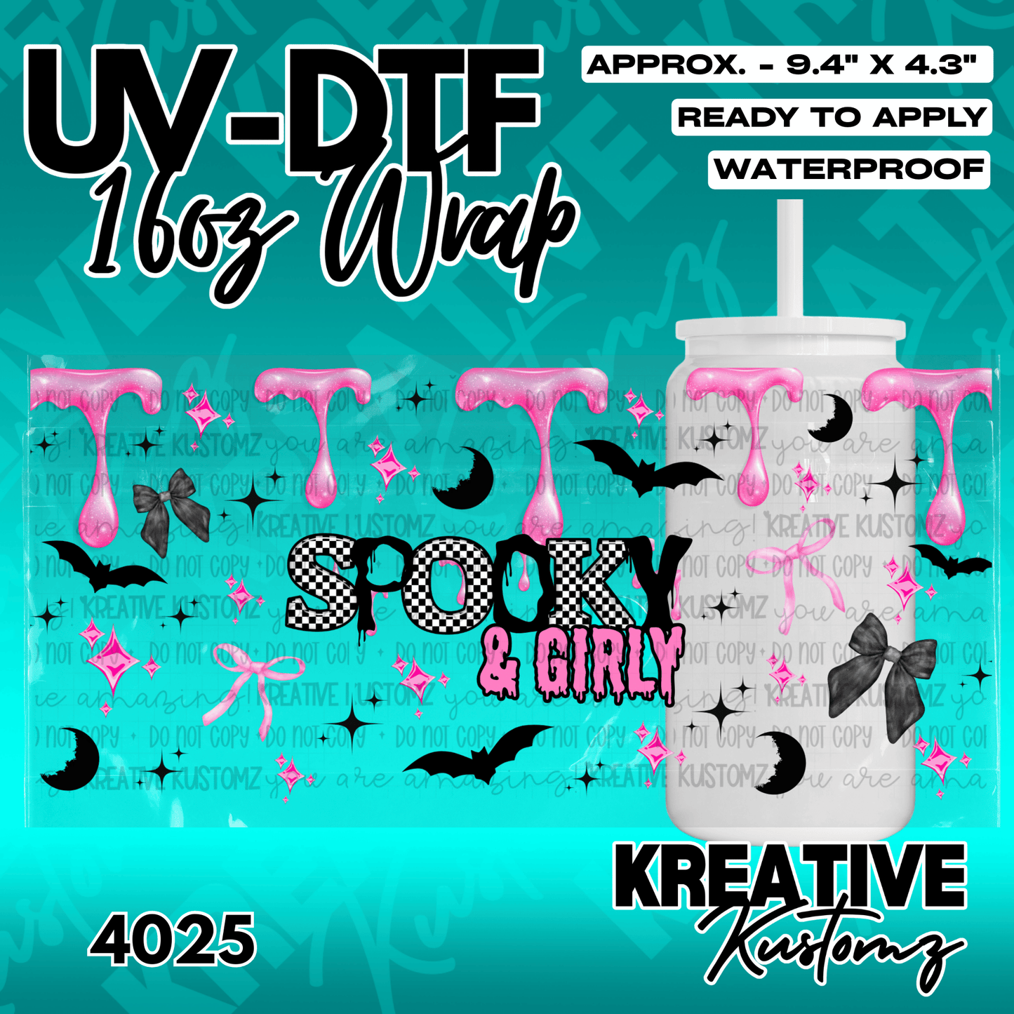A Spooky and Girly themed UV DTF wrap for a 16oz glass cup featuring pink drips and bows.
