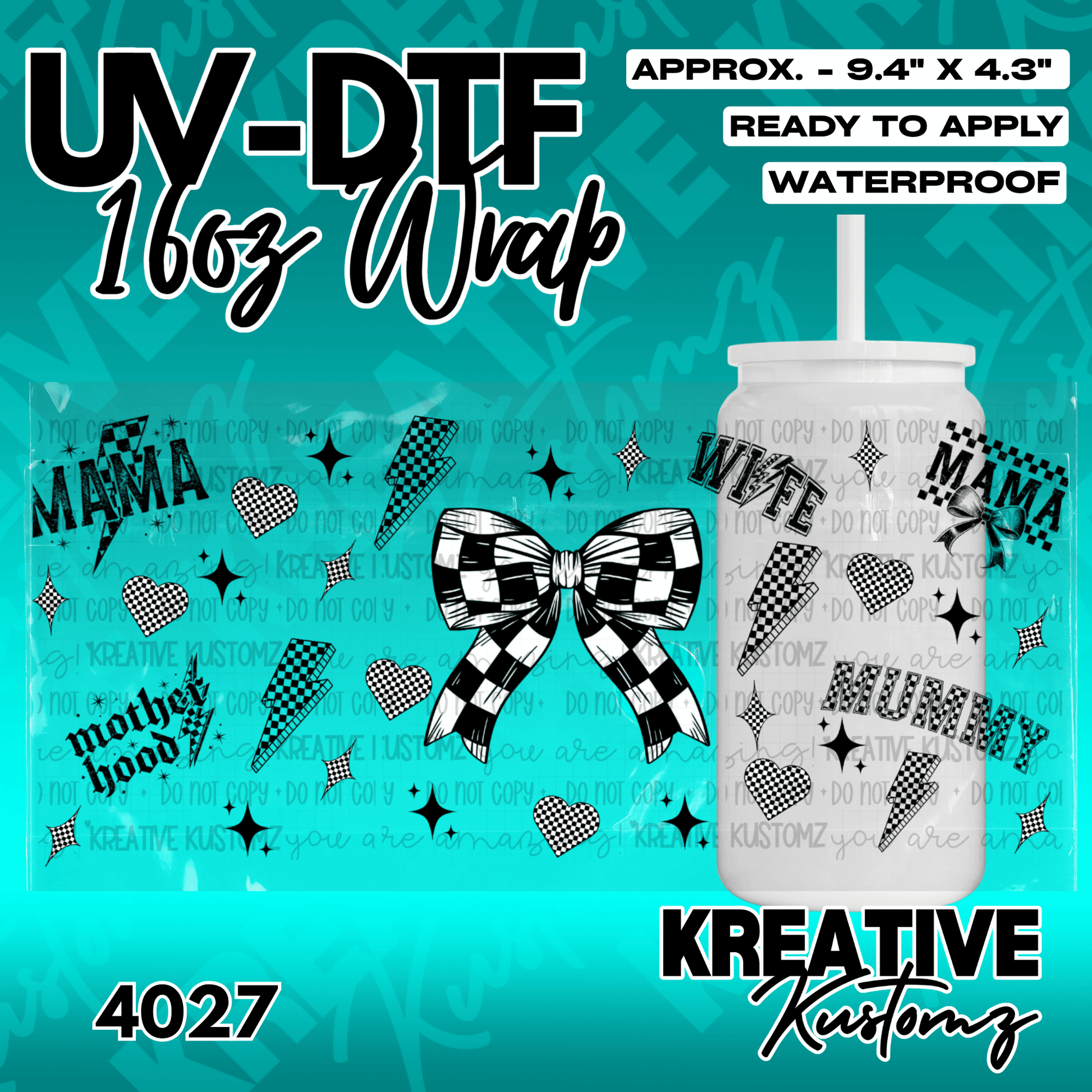 A black and white checkered themed UV DTF adhesive wrap for a 16oz glass cup.