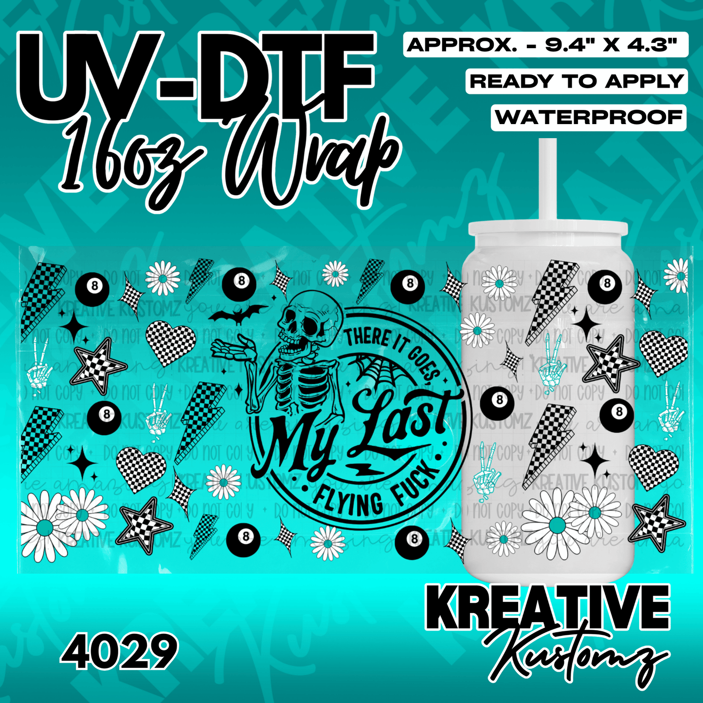 A teal and black adhesive cup wrap featuring a skeleton, flowers, and checkered patterns.