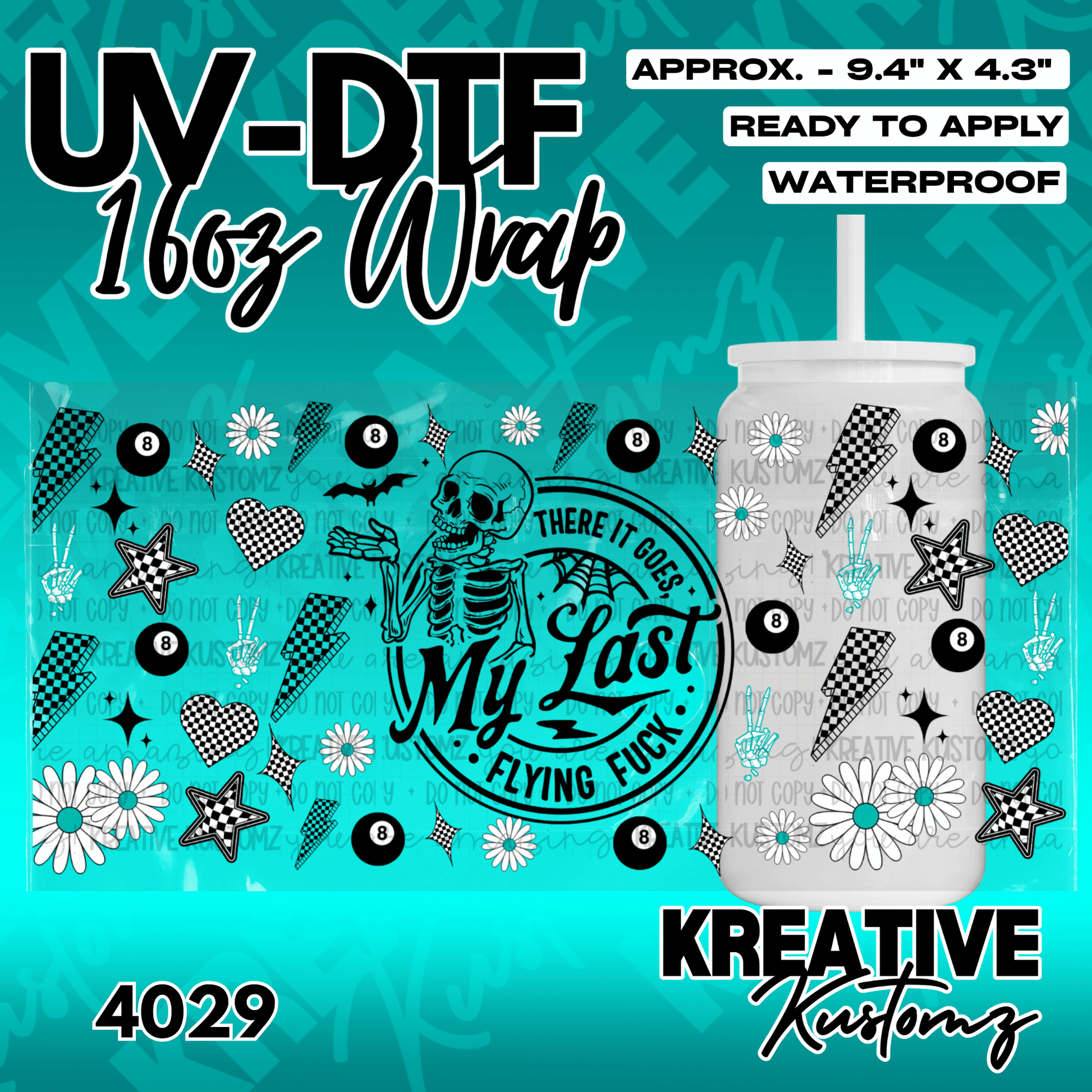 A teal and black adhesive cup wrap featuring a skeleton, flowers, and checkered patterns.