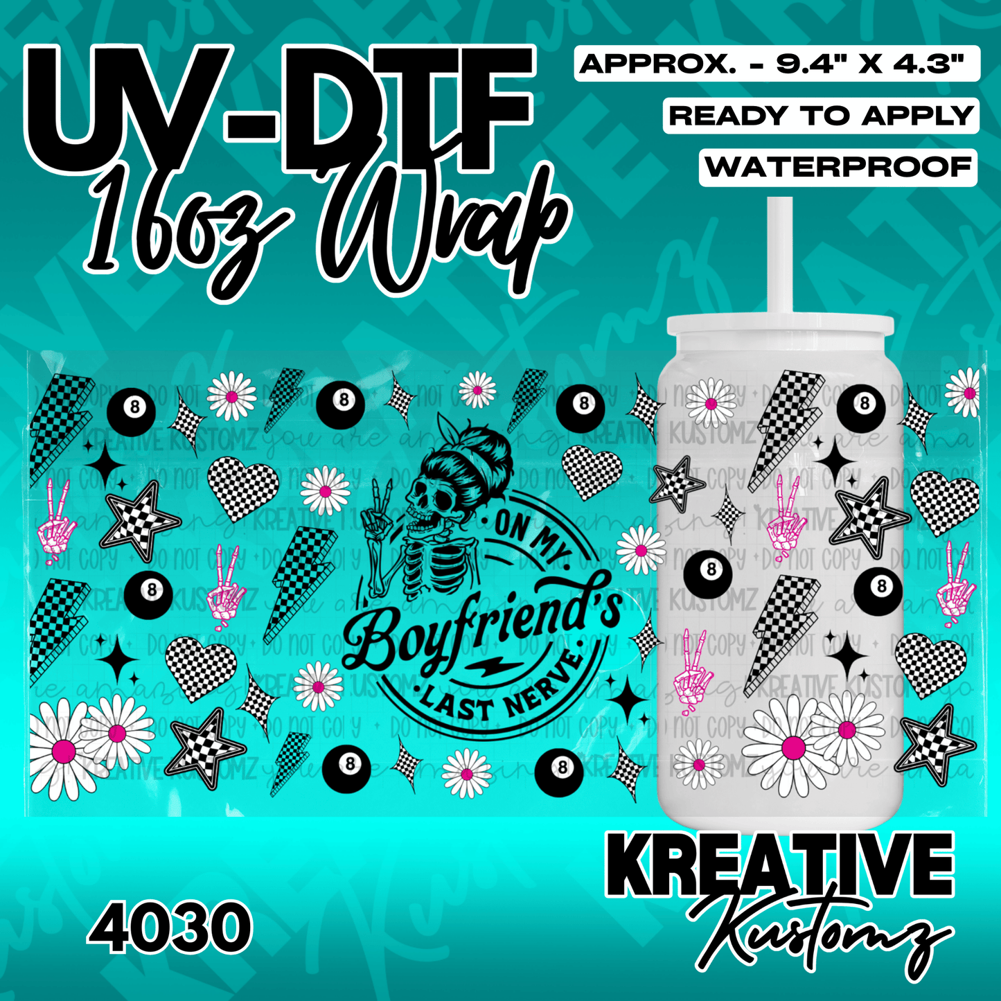 A UV DTF adhesive wrap for a 16oz glass can featuring a skeleton design with flowers and icons.