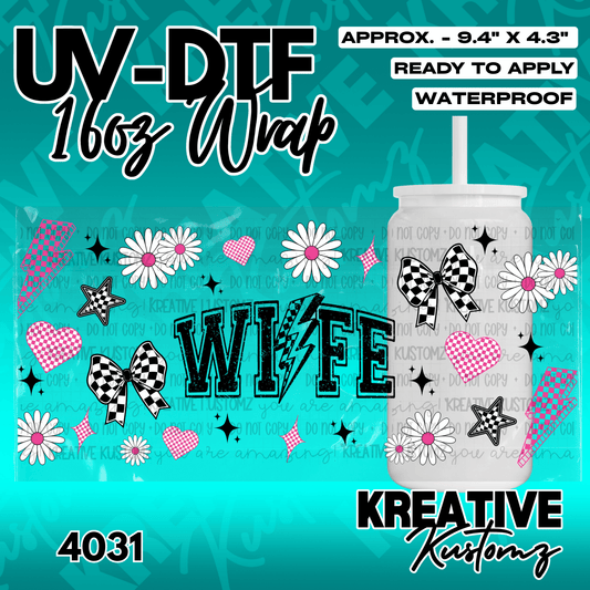 A floral UV DTF adhesive wrap for 16oz glass cans featuring a checkered bow and WIFE text design.