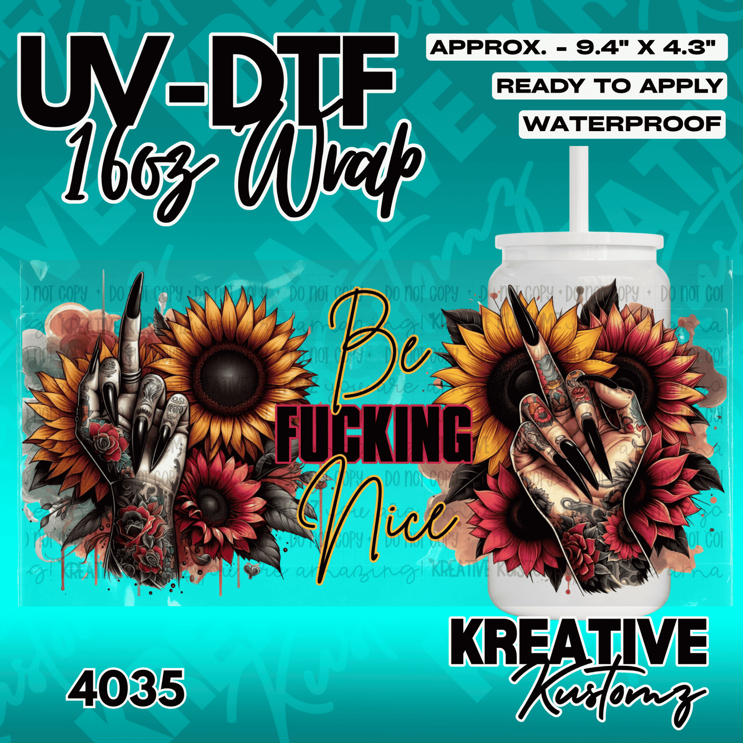 A floral UV DTF adhesive wrap for 16oz glass cans featuring sunflowers and tattooed hands.