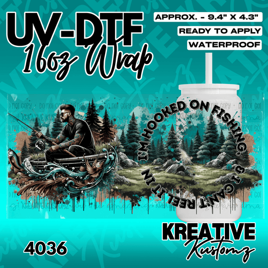 A UV DTF cup wrap featuring a man fishing in a boat with a forest background and circular text.