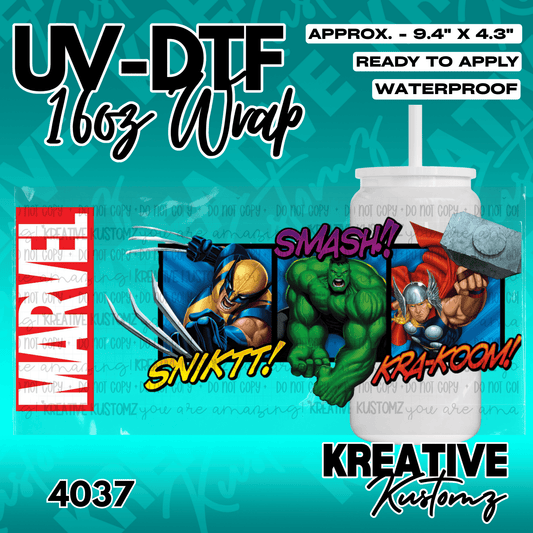 A Marvel themed UV DTF adhesive wrap for a 16oz glass cup featuring Wolverine, Hulk, and Thor.
