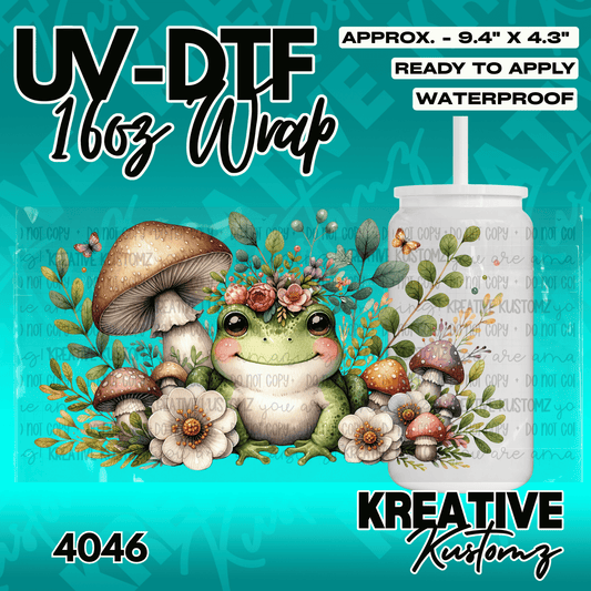 A floral UV DTF cup wrap featuring a cute frog surrounded by mushrooms and flowers.