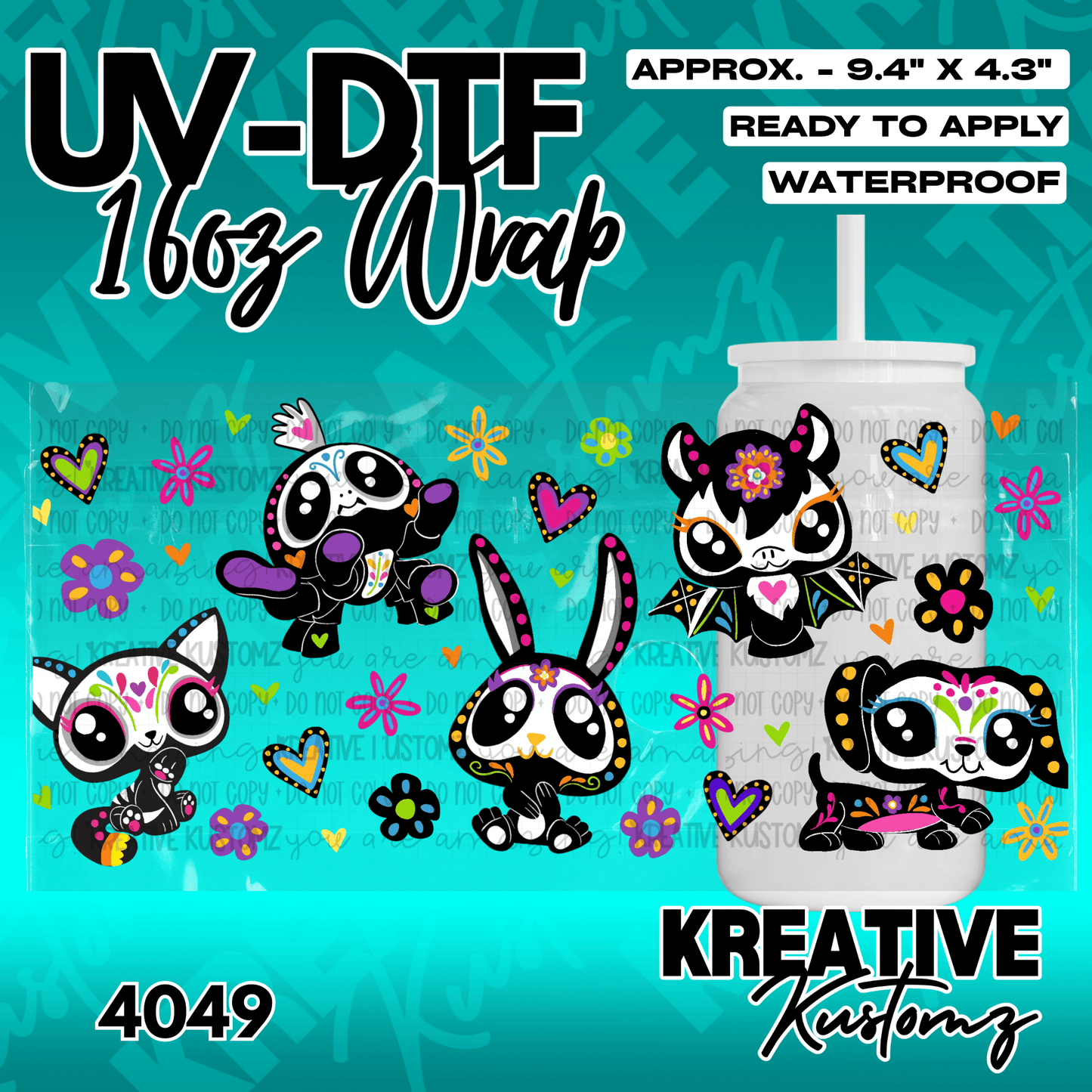 A UV DTF adhesive wrap featuring colorful sugar skull style animals for a 16oz glass cup.
