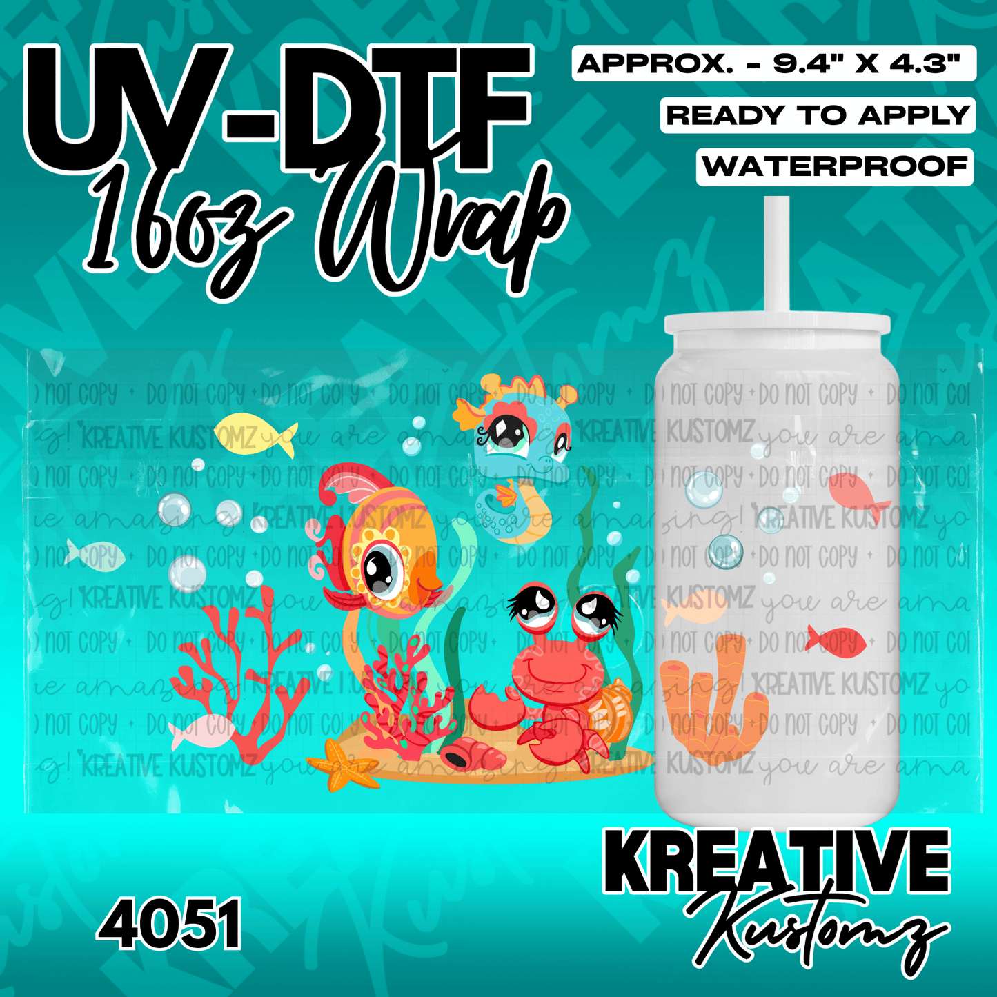 A UV DTF adhesive wrap for 16oz glass cans featuring a colorful underwater scene with sea creatures.