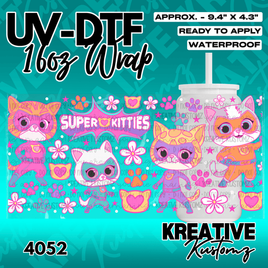 A vibrant UV DTF adhesive wrap featuring Super Kitties characters for a 16oz glass cup.
