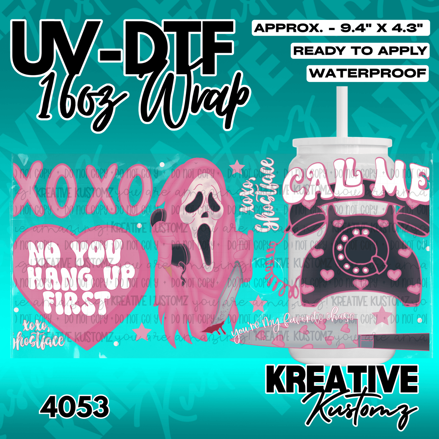 A pink Ghostface themed UV DTF adhesive wrap for a 16oz glass cup.