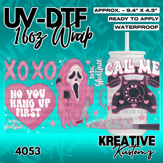 A pink Ghostface themed UV DTF adhesive wrap for a 16oz glass cup.