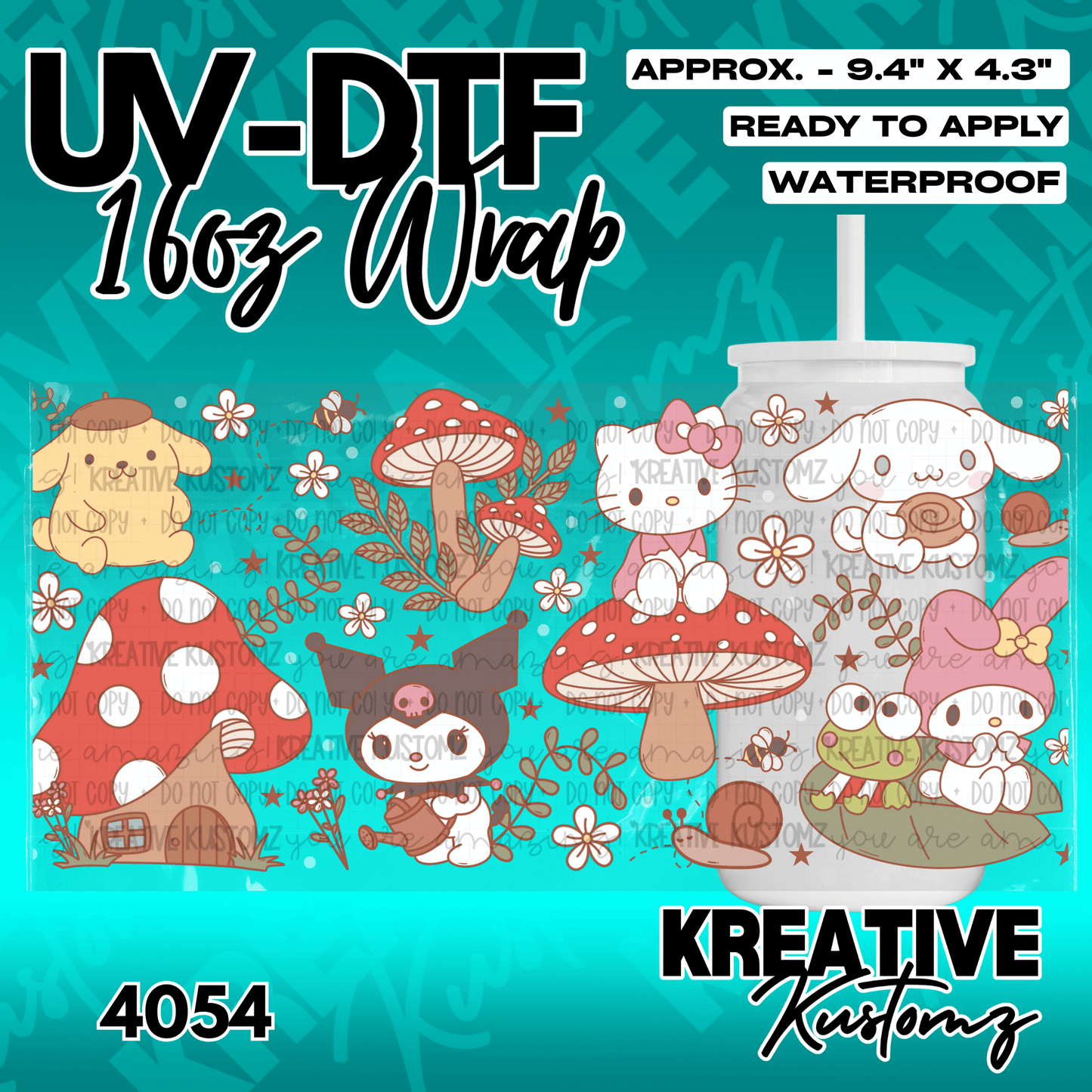 A UV DTF adhesive wrap featuring Sanrio characters and mushrooms for a 16oz glass cup.